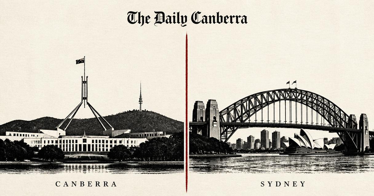Editorial split illustration: Warsaw on the left and Sydney on the right